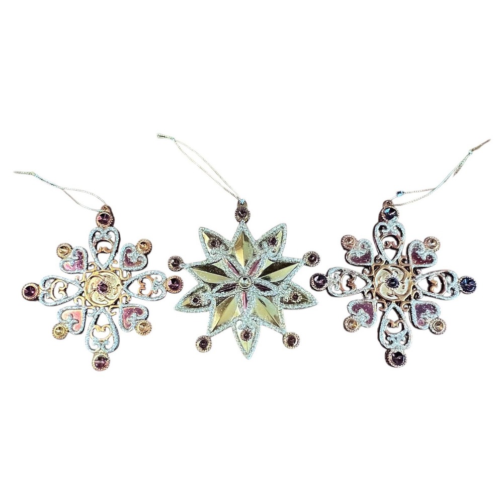 Acrylic Gold & Bronze Glitter Snowflake Christmas Ornaments Lot of 3 Vintage